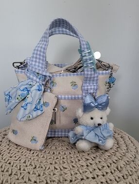 MADDEN GIRL Blue Floral Embroidered Tote Bag with Bow Charm